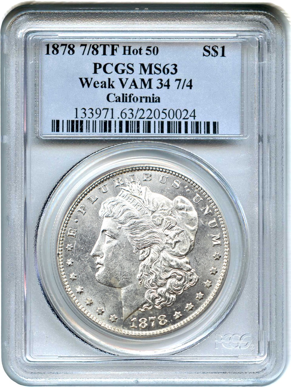 image for: Hot 50 VAM: 1878 7/8TF $1 PCGS MS63 (Weak, VAM-34, 7/4) 