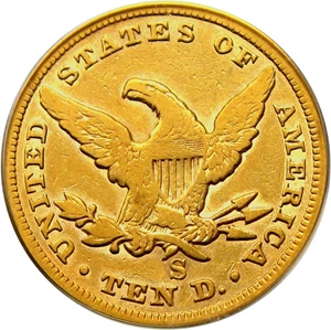 image for: 1865-S $10 PCGS F12 (865/Inverted 186, OGH)