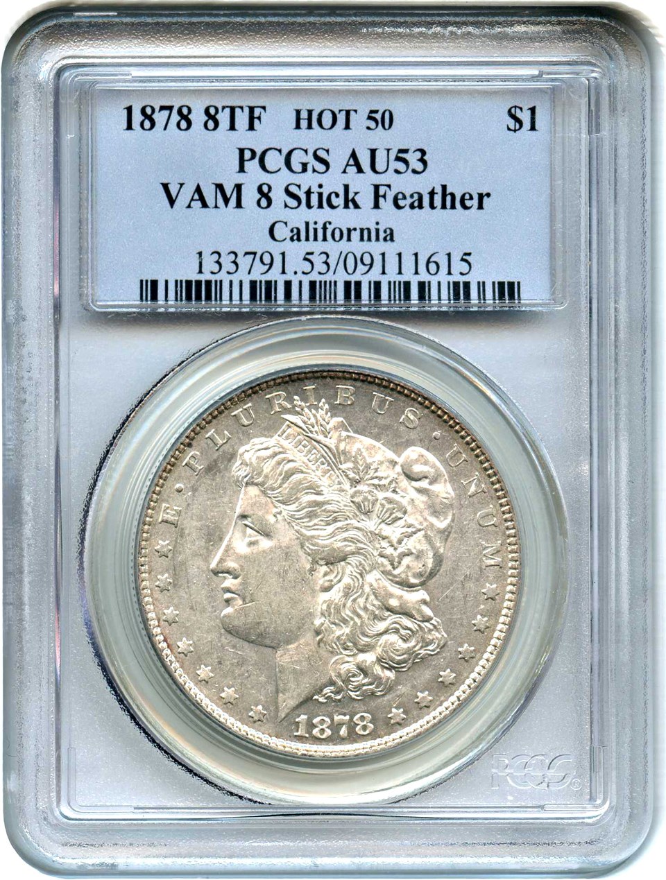 image for: 1878 8TF $1 PCGS AU53 (VAM-8, Stick Feather)