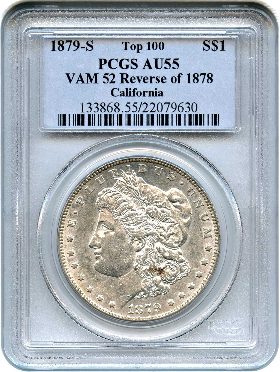 image for: Top 100 VAM: 1879-S $1 PCGS AU55 (Reverse of 1878, VAM-52) 