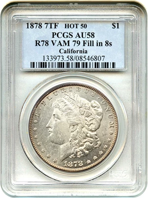 image for: 1878 7TF $1 PCGS AU58 (Reverse of 1878, VAM-79, Fill in 8s)