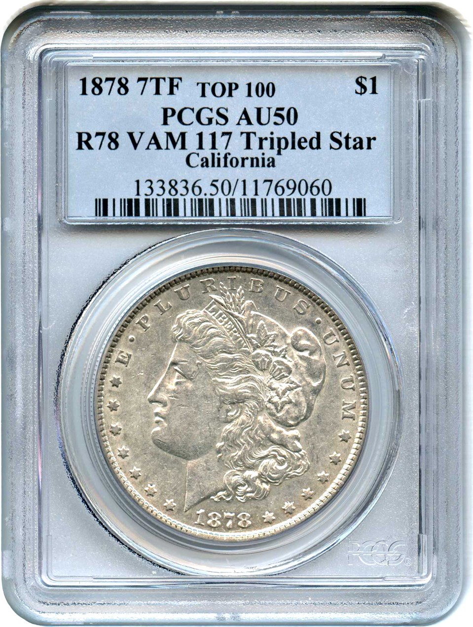 image for: 1878 7TF $1 PCGS AU50 (Reverse of 1878, VAM-117, Tripled Star)