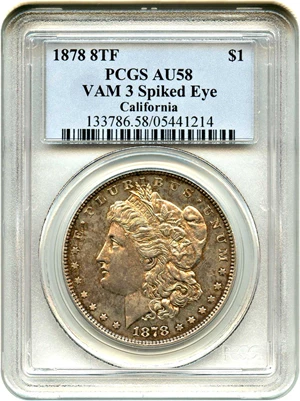 image for: 1878 8TF $1 PCGS AU58 (VAM-3, Spiked Eye)