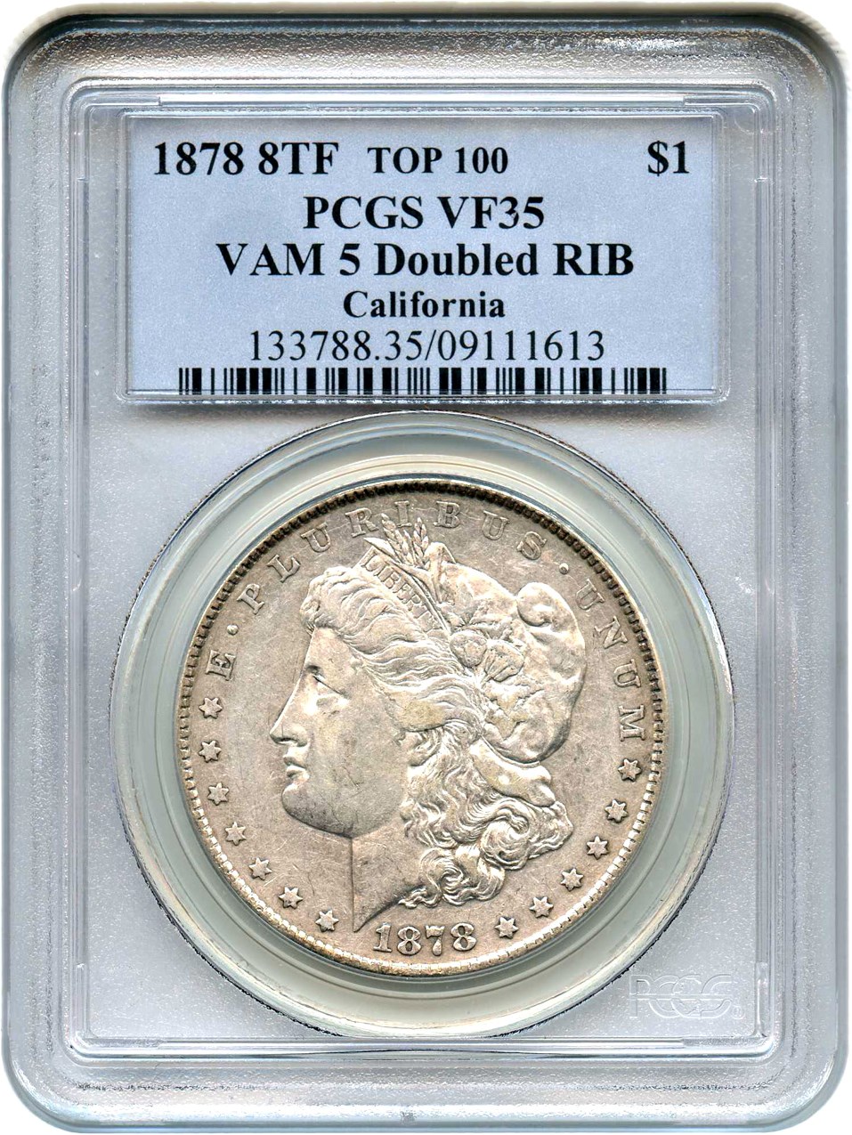 image for: Top 100 VAM: 1878 8TF $1 PCGS VF35 (VAM-5, Doubled RIB) 
