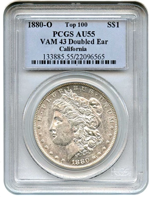 image for: Top 100 VAM: 1880-O $1 PCGS AU55 (VAM-43, Doubled Ear)