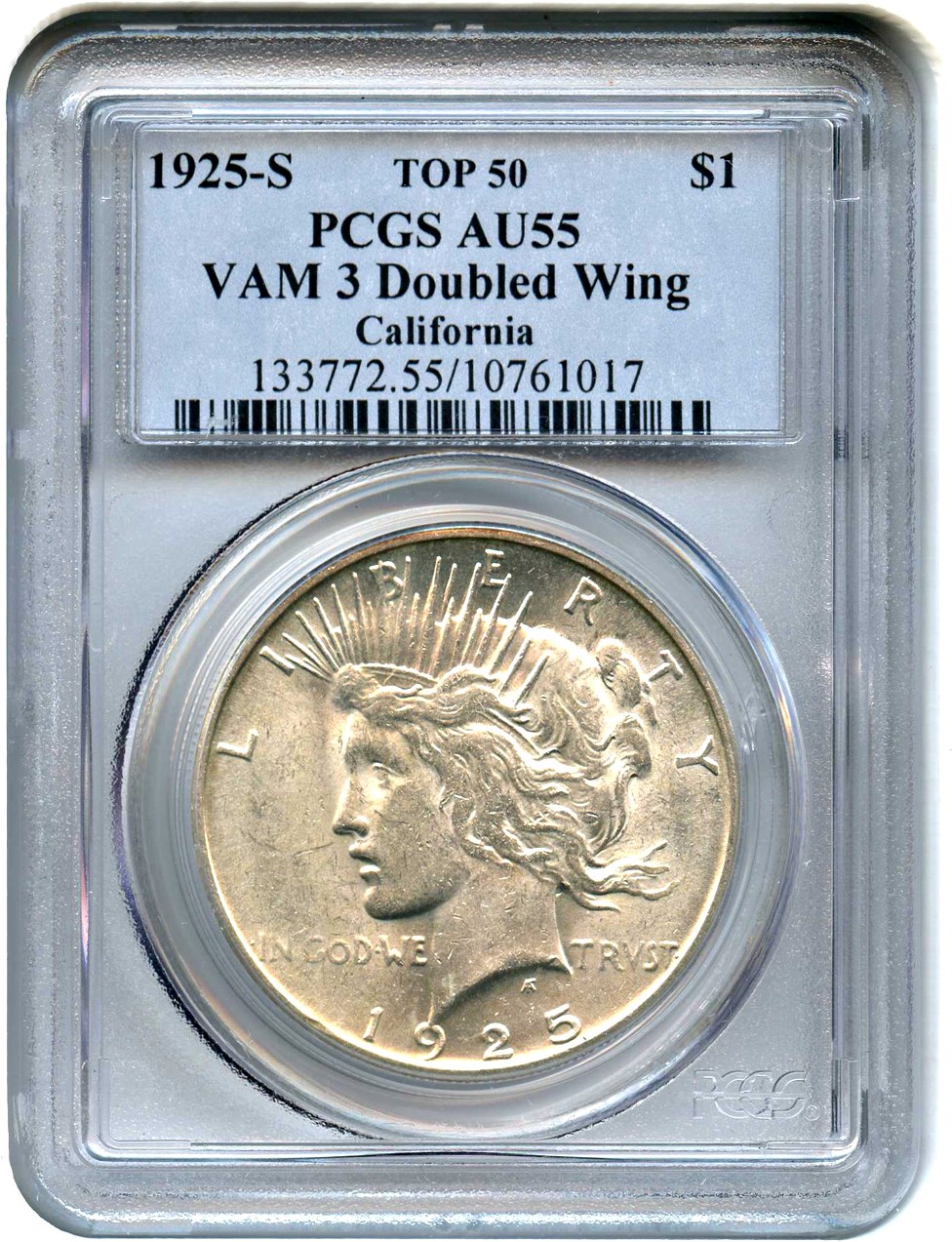 image for: Top 50 VAM: 1925-S $1 PCGS AU55 (VAM-3, Doubled Wing) 