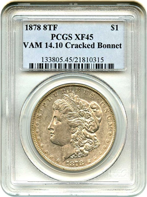 image for: 1878 8TF $1 PCGS XF45 (VAM-14.10, Cracked Bonnet)