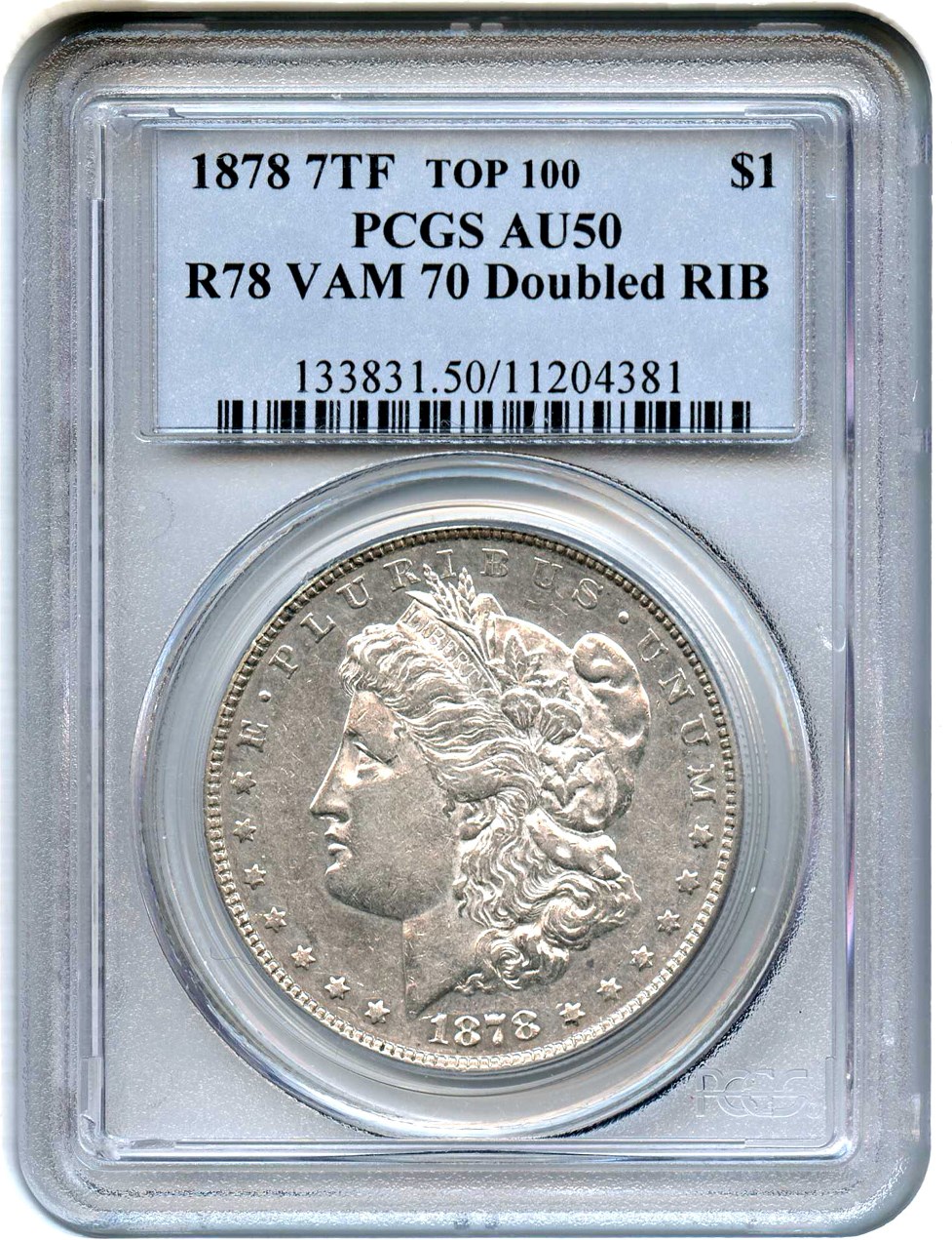 image for: Top 100 VAM: 1878 7TF $1 PCGS AU50 (Reverse of 1878, VAM-70, Doubled RIB)