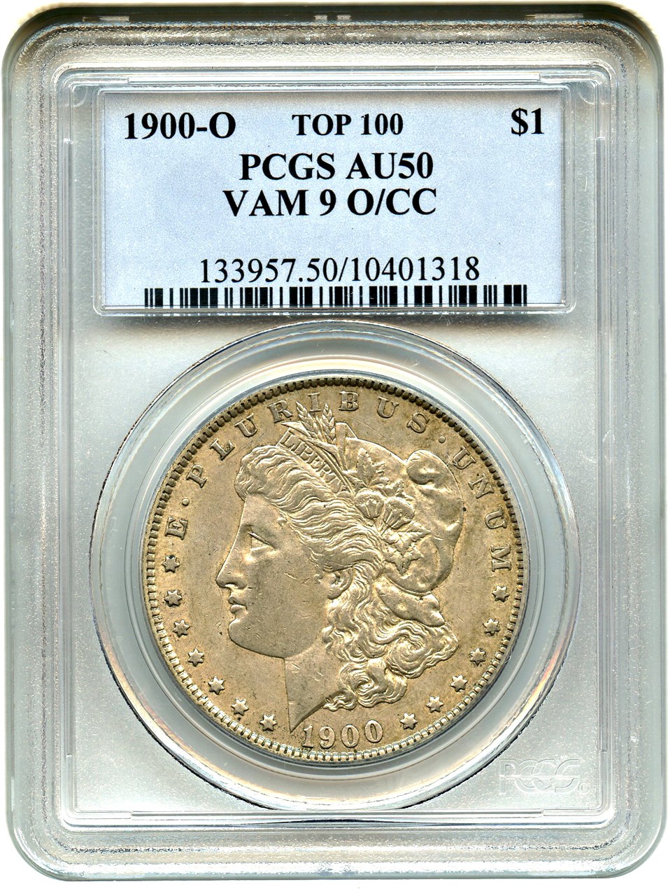 image for: Top 100 VAM: 1900-O $1 PCGS AU50 (VAM-9, O/CC)
