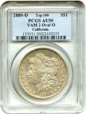 image for: Top 100 VAM: 1889-O $1 PCGS AU50 (VAM-2, Oval O)