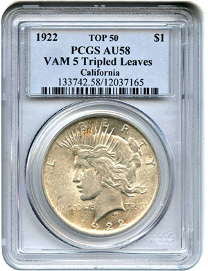 image for: Top 50 VAM: 1922 $1 PCGS AU58 (VAM-5, Tripled Leaves)