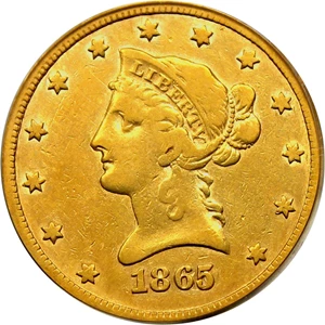 image for: 1865-S $10 PCGS F12 (865/Inverted 186, OGH)