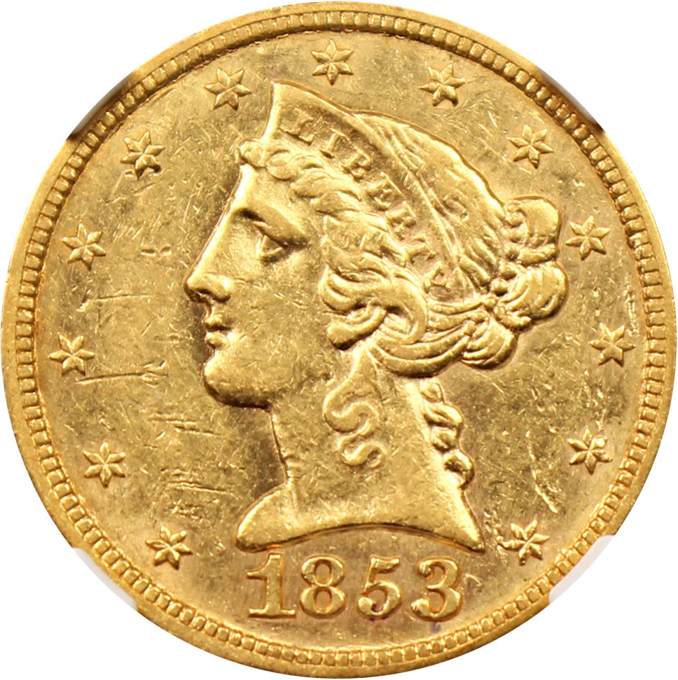 image for: 1853 $5 NGC AU53