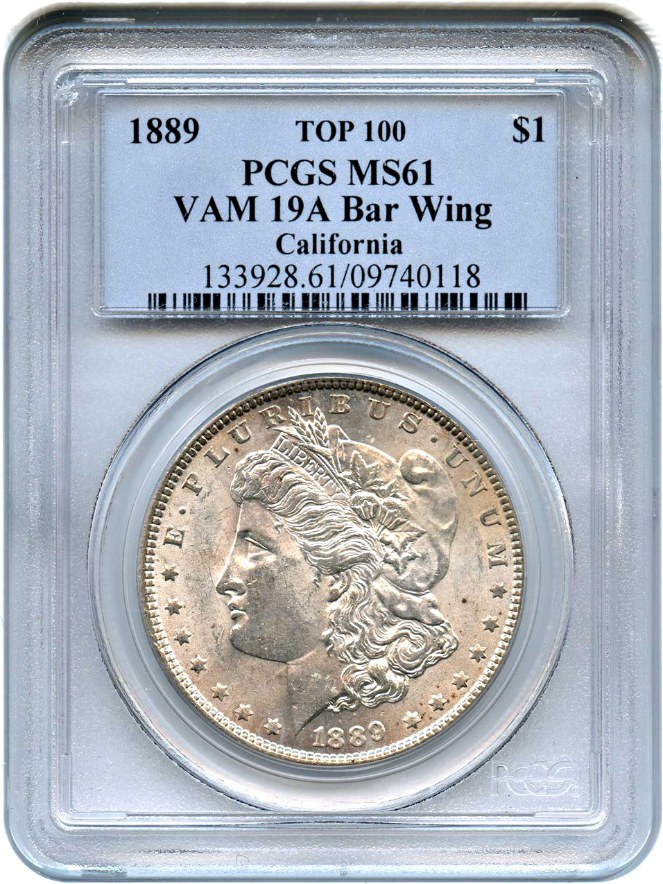 image for: Top 100 VAM: 1889 $1 PCGS MS61 (VAM-19A, Bar Wing) 