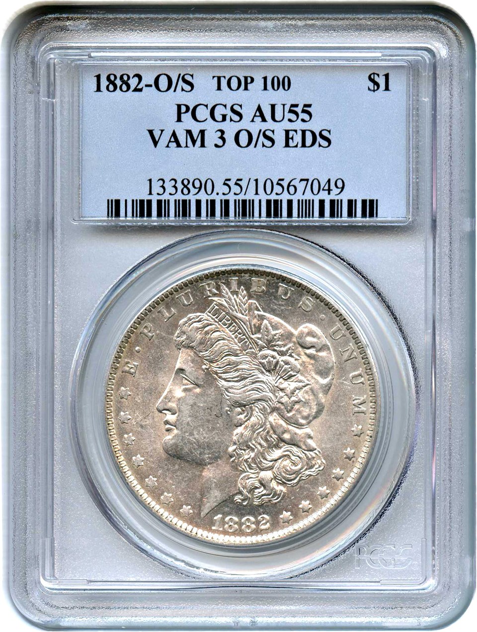 image for: Top 100 VAM: 1882-O/S $1 PCGS AU55 (VAM-3, O/S, EDS)