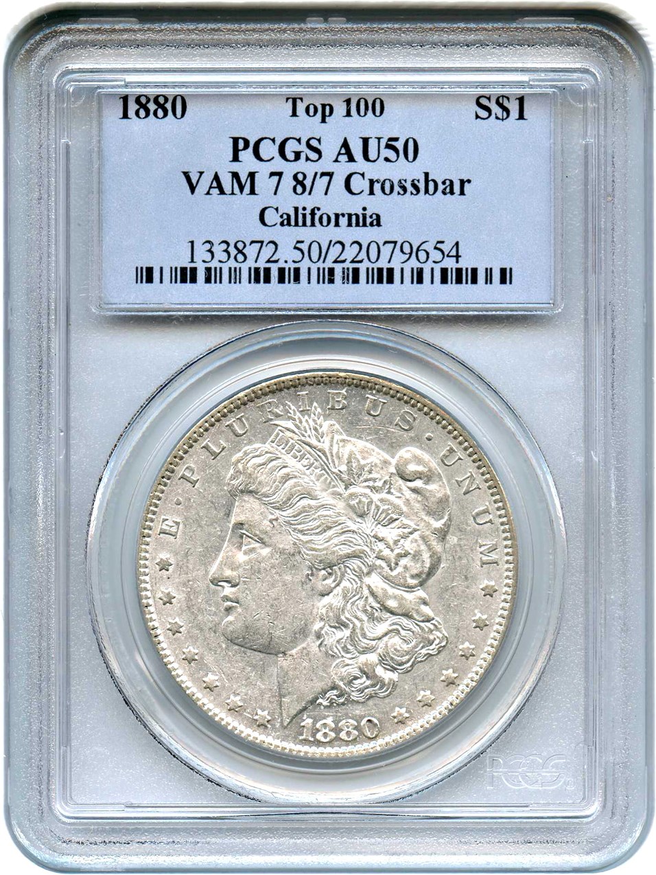 image for: Top 100 VAM: 1880 $1 PCGS AU50 (VAM-7, 8/7, Crossbar) 