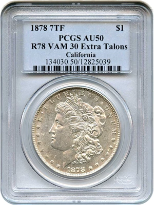 image for: 1878 7TF $1 PCGS AU50 (Reverse of 1878, VAM-30, Extra Talons)