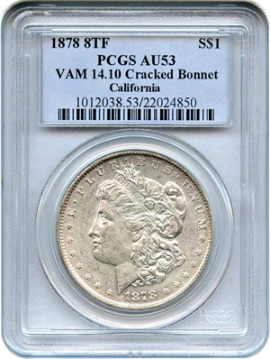 image for: 1878 8TF $1 PCGS AU53 (VAM-14.10 Cracked Bonnet)