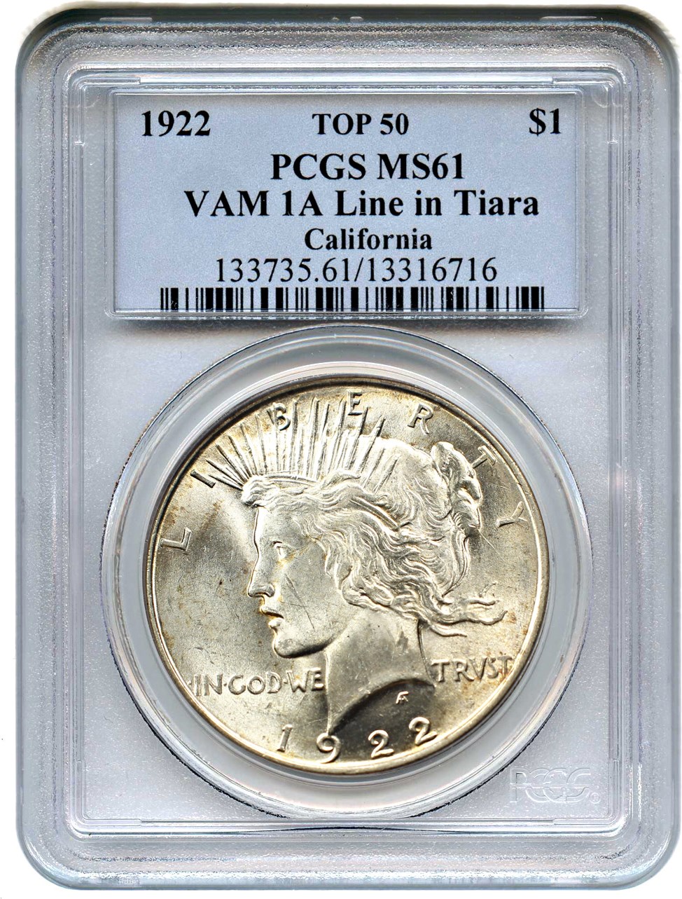 image for: Top 50 VAM: 1922 $1 PCGS MS61 (VAM-1A, Line in Tiara) 