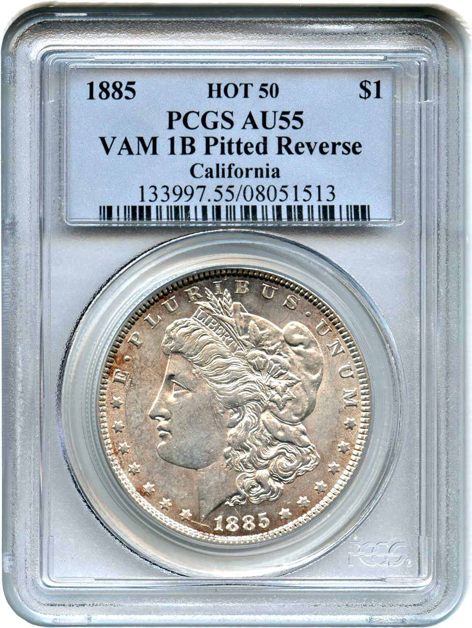 image for: Hot 50 VAM: 1885 $1 PCGS AU55 (VAM-1B, Pitted Reverse) 