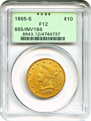 image for: 1865-S $10 PCGS F12 (865/Inverted 186, OGH)
