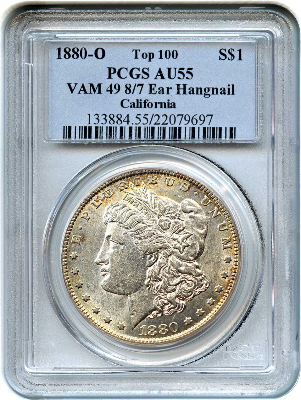 image for: Top 100 VAM: 1880-O $1 PCGS AU55 (VAM-49, 8/7 Ear Hangnail) 