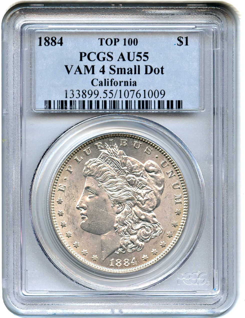image for: Top 100 VAM: 1884 $1 PCGS AU55 (VAM-4, Small Dot) 