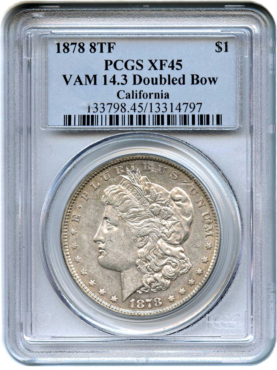 image for: 1878 8TF $1 PCGS XF45 (VAM-14.3, Doubled Bow) 