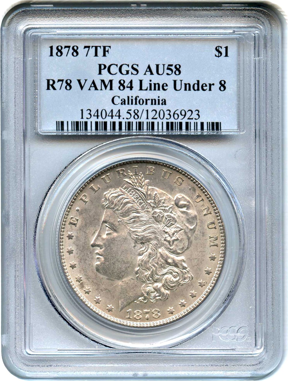 image for: 1878 7TF $1 PCGS AU58 (Reverse of 1878, VAM-84, Line Under 8) 