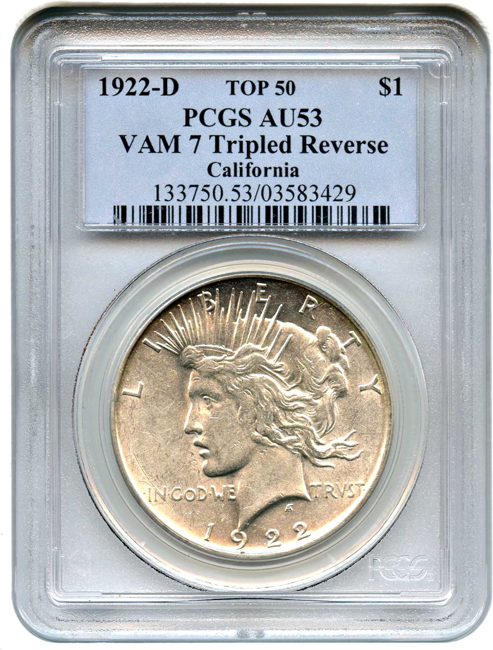 image for: Top 50 VAM: 1922-D $1 PCGS AU53 (VAM-7, Tripled Reverse) 