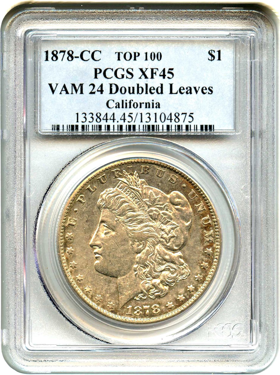 image for: Top 100 VAM: 1878-CC $1 PCGS XF45 (VAM-24, Doubled Leaves) 