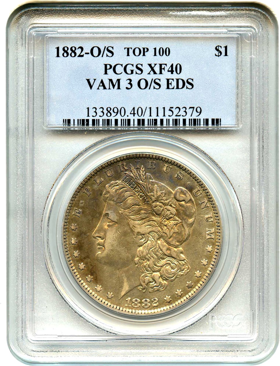 image for: Top 100 VAM: 1882-O/S $1 PCGS XF40 (VAM-3, O/S, EDS)