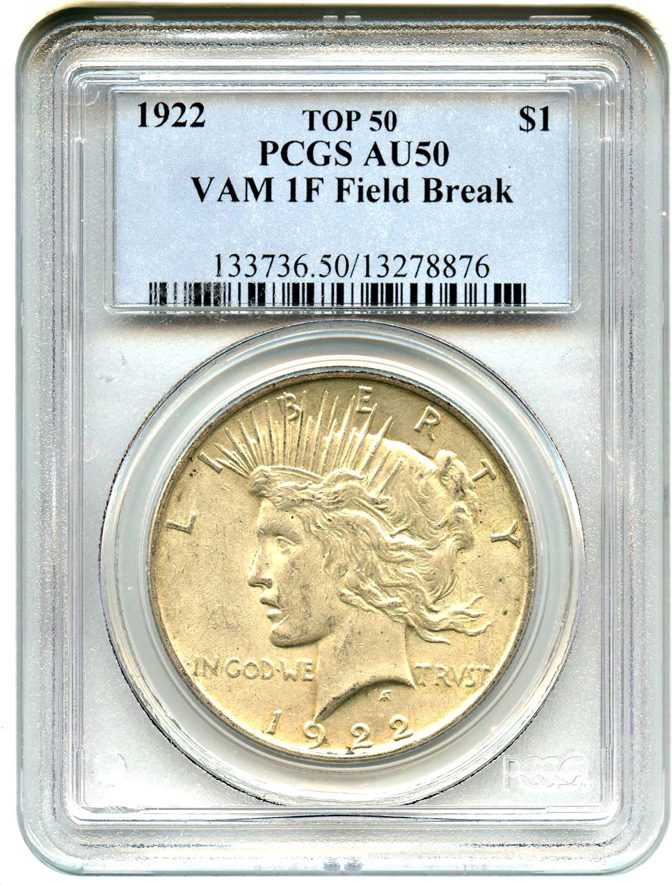 image for: Top 50 VAM: 1922 $1 PCGS AU50 (VAM-1F, Field Break)