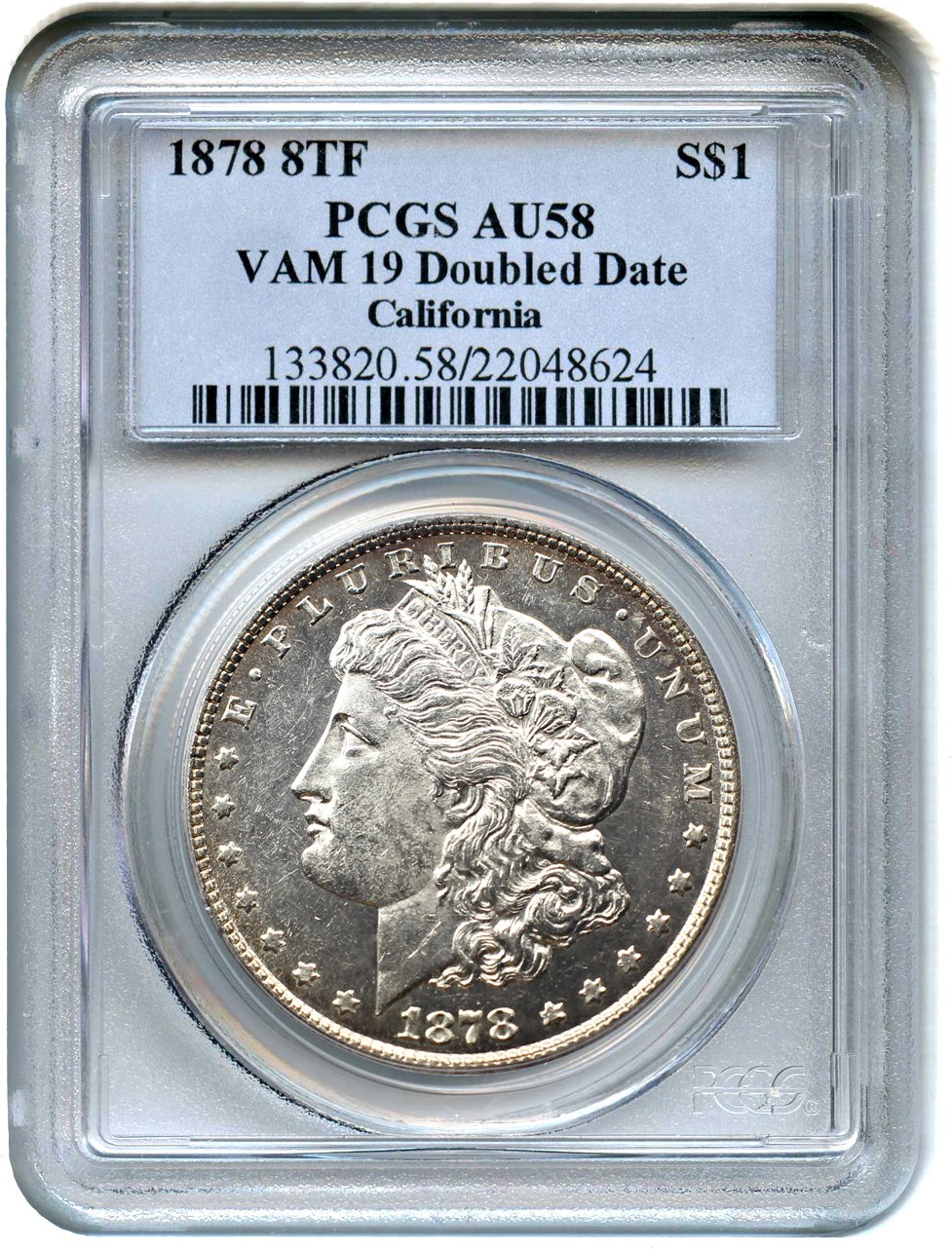 image for: 1878 8TF $1 PCGS AU58 (VAM-19, Doubled Date) 