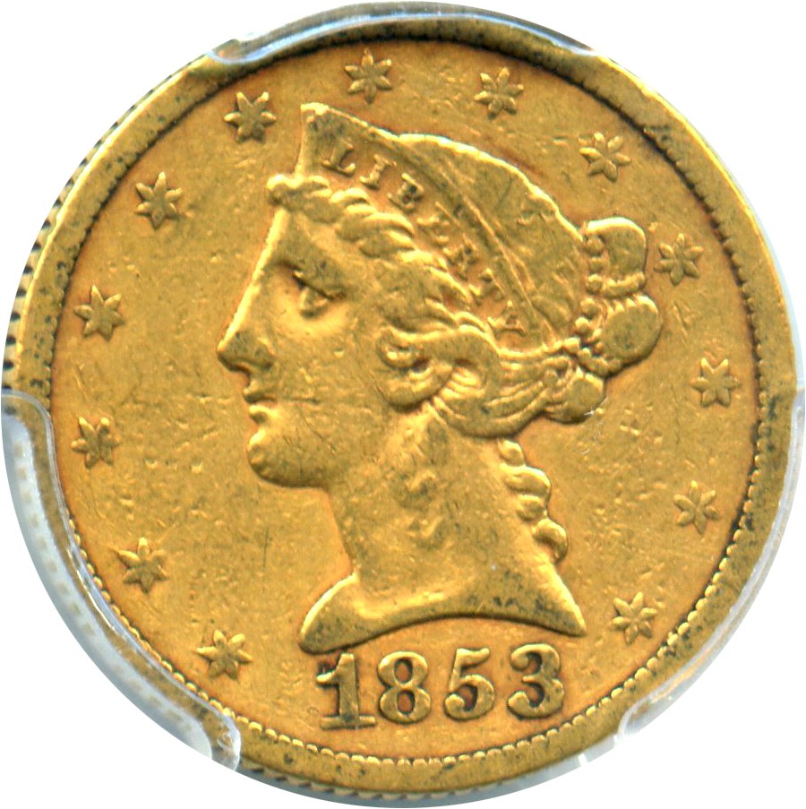 image for: 1853 $5 PCGS/CAC VF30