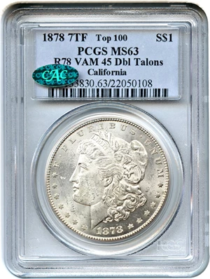image for: Top 100 VAM: 1878 7TF $1 PCGS/CAC MS63 (Reverse of 1878, VAM-45, Dbl Talons)