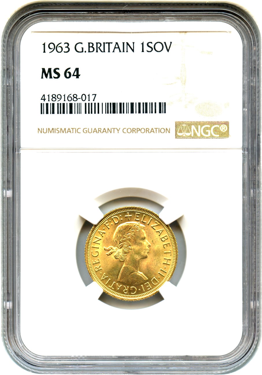 image for: Great Britain: 1963 Gold Sovereign NGC MS64 (KM-908)