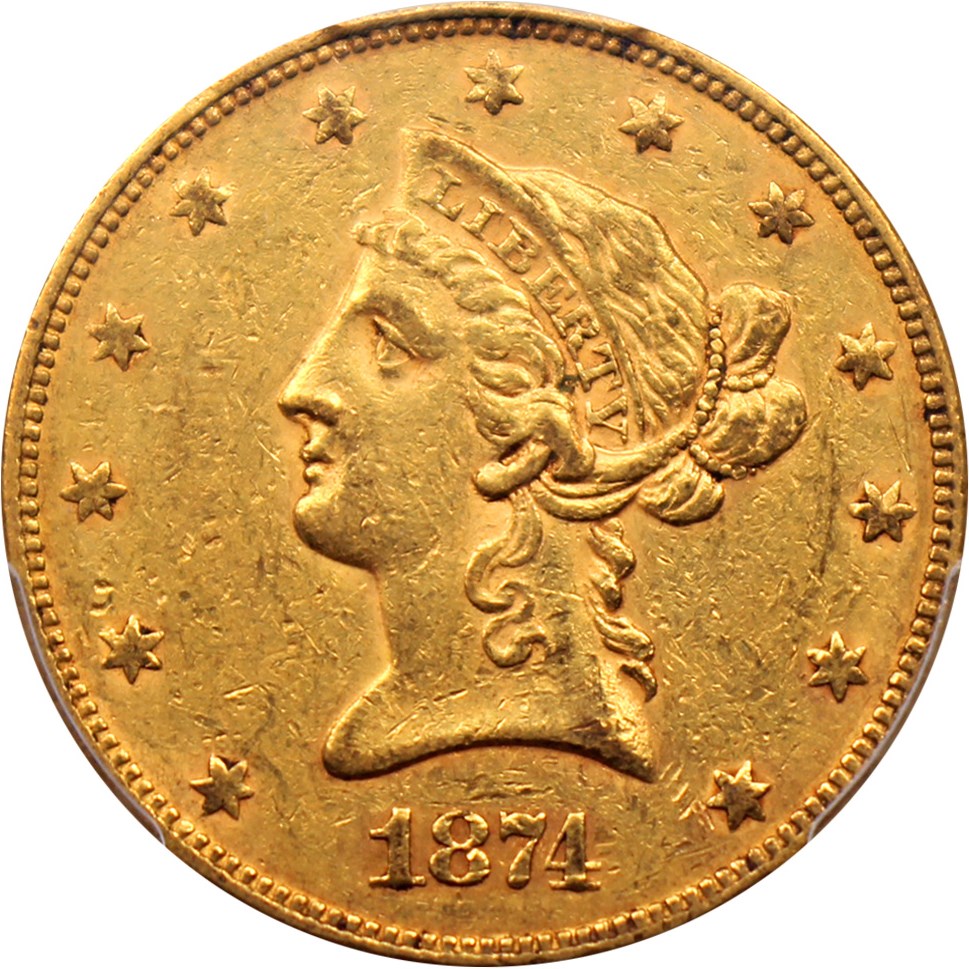 image for: 1874 $10 PCGS/CAC AU50