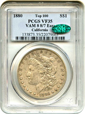 image for: Top 100 VAM: 1880 $1 PCGS/CAC VF35 (VAM-8, 8/7 Ears)