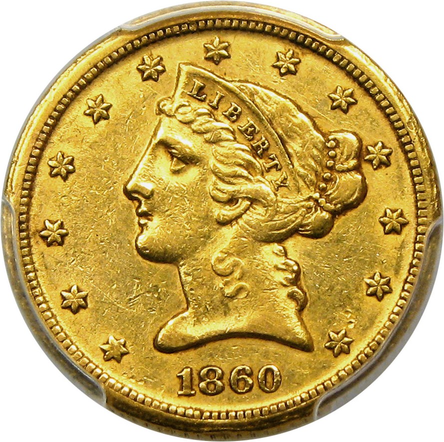 image for: 1860-D $5 PCGS AU55 (Medium D)