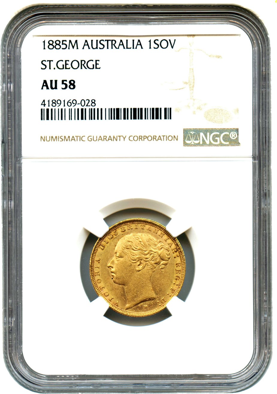 image for: Australia: 1885-M St. George Gold Sovereign NGC AU58 (KM-7)