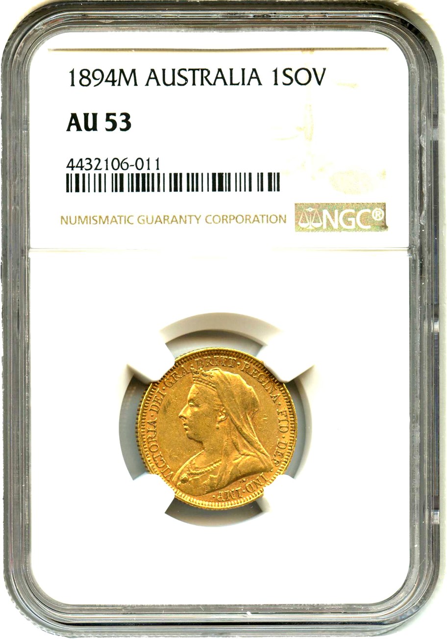 image for: Australia: 1894-M Gold Sovereign NGC AU53 (KM-13)