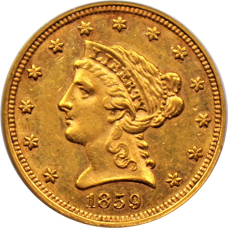 image for: 1859 $2 1/2 PCGS AU55 (Old Reverse)