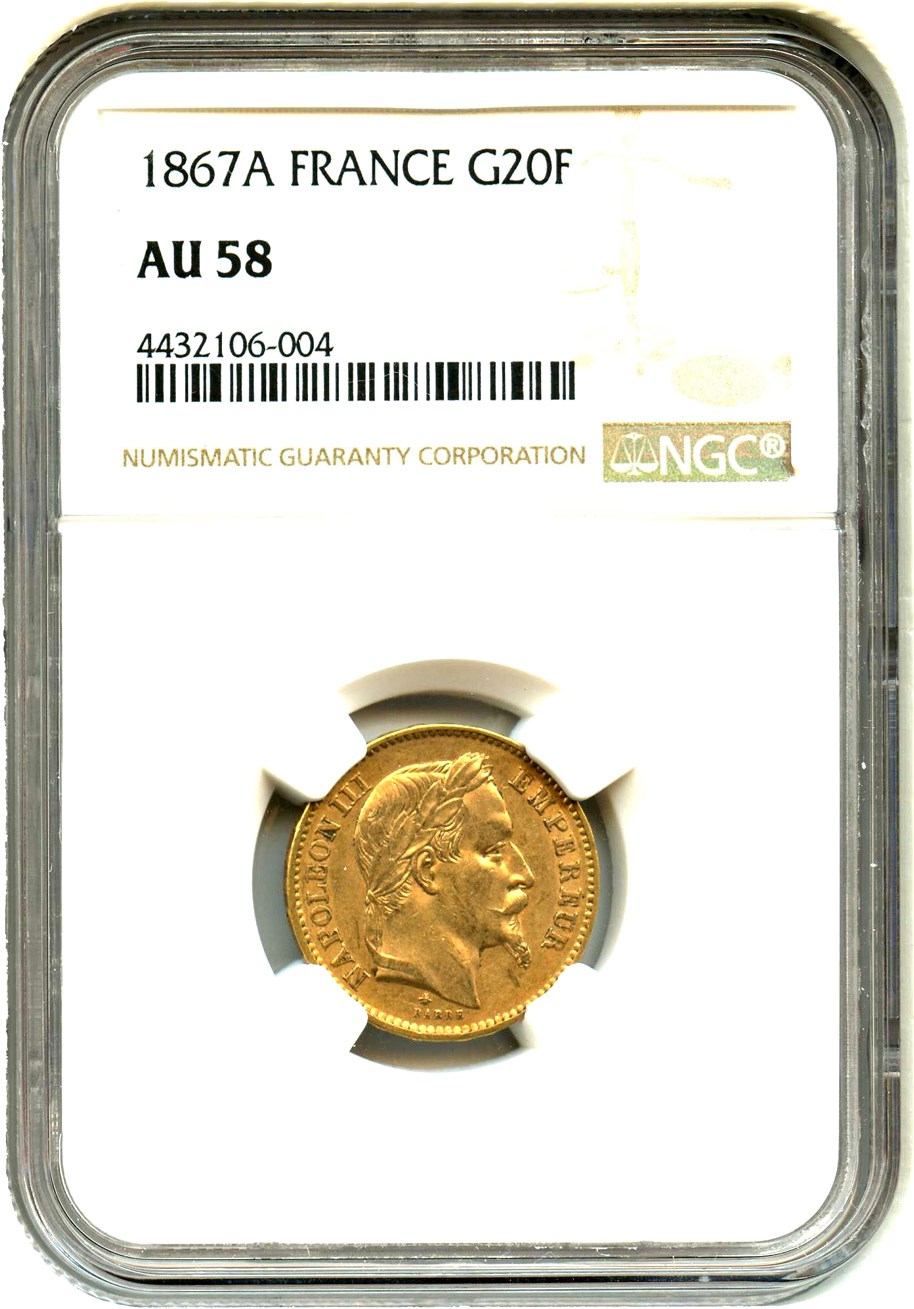 image for: France: 1867-A Gold 20 Franc NGC AU58 (KM-801.1)