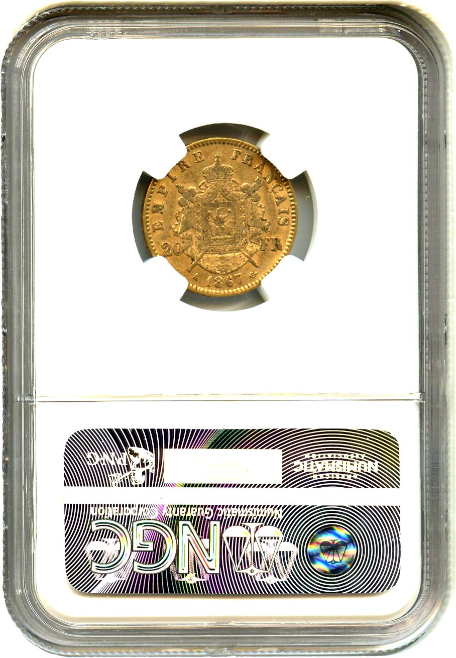 image for: France: 1867-A Gold 20 Franc NGC AU58 (KM-801.1)
