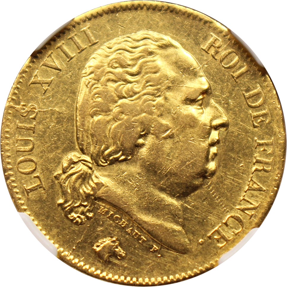 image for: France: 1818-W Louis XIII Gold 40 Franc NGC AU53 (KM-713.6)