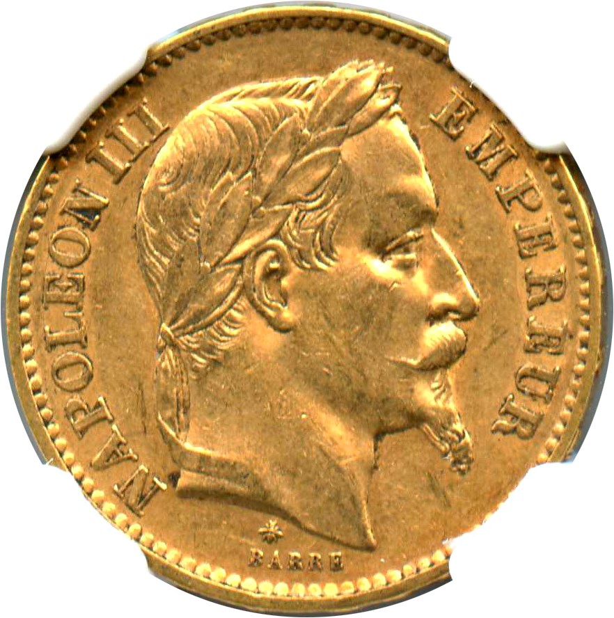 image for: France: 1867-A Gold 20 Franc NGC AU58 (KM-801.1)