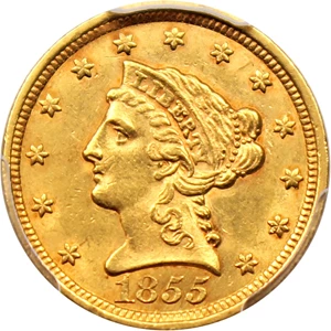 image for: 1855 $2 1/2 PCGS MS62