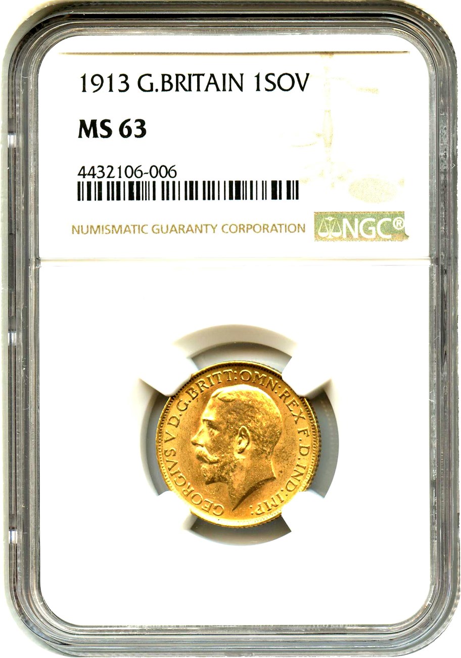 image for: Great Britain: 1913 Gold Sovereign NGC MS63 (KM-820)