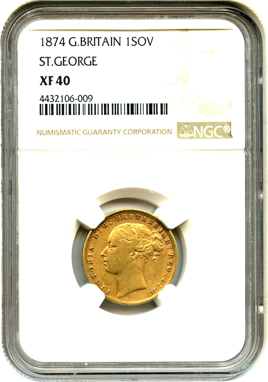 image for: Great Britain: 1874 Gold Sovereign NGC XF40 (St. George, KM-752) 
